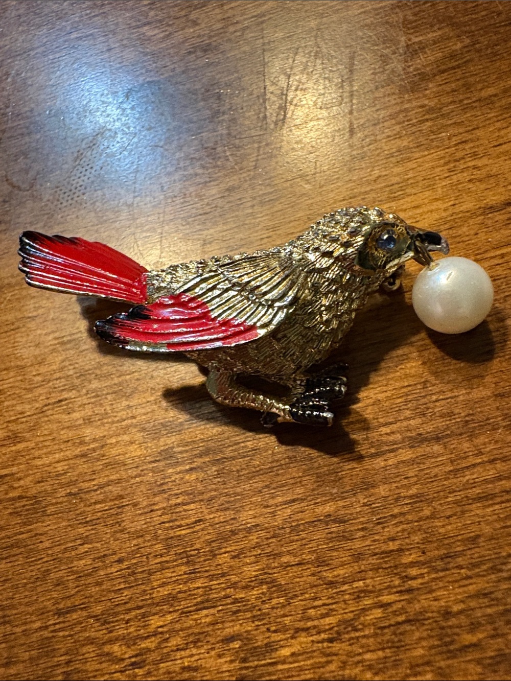 Vintage Gold and Red Bird Brooch with Pearl Accent - Elegant Pet Bird Pin
